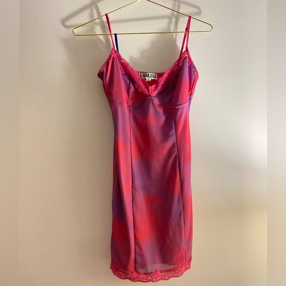 I.AM.GIA Women’s Gianna Cami Purple and Pink Tye Dye lace trim mini slip dress
